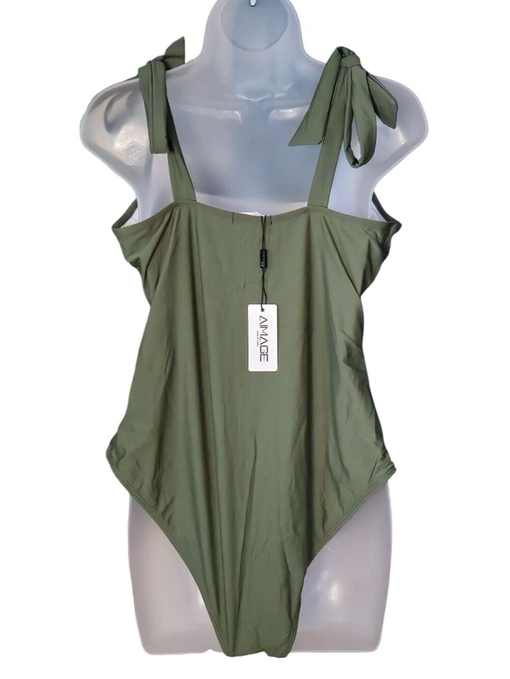 Square Neck One-Piece Swimsuit XL Green Tie-Strap Ruched Lined Removable Cups - Picture 7 of 10